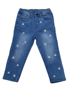 Girls Blue Wash Daisy Flowers Embroidered Elasticated Waist Jeans