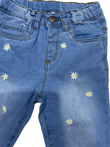 Girls Blue Wash Daisy Flowers Embroidered Elasticated Waist Jeans