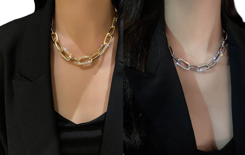 Ladies Gold Silver Thick Rectangular Link Chain Crystal Choker Necklace