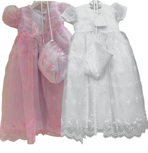 Baby Girls Toddlers Satin Mesh Embroidered Lace Baptism + Hood Christening Gown