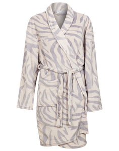 Womens Luxury Soft Fleece Grey Zebra Print Hooded Dressing Gown