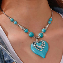 Load image into Gallery viewer, Ladies Silver Turquoise Beads Heart Pendant &amp; Ring Set
