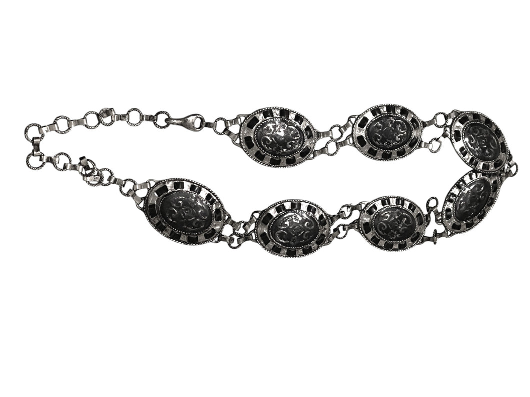 Ladies Silver Vintage Round Floral Middle Bar Interlink Chain Link Fashion Belts