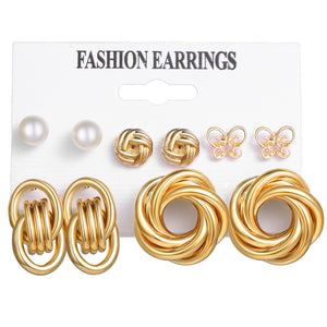 Ladies Gold Plated Twirl Cutout Butterfly Hoop Faux Pearl 5 Pair Earrings