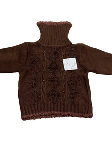 Girls Brown Cable Knit Beaded Ribbed Roll Up Jumper