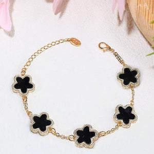 Ladies Gold Black Four Leaf Clover Link Chain Bracelets