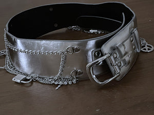 Ladies Silver Classic Wide Faux Leather Metallic Studded & Drop Chain Crystal Belt