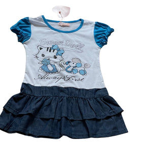 Girls Blue & White Sweet Doll Print Layered Frill Hem Cap Sleeve Plus Belt Dress