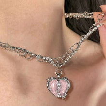 Load image into Gallery viewer, Ladies Silver Pink Heart Crystal Double Chain Rhinestone Necklace
