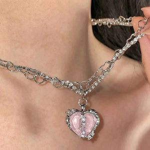 Ladies Silver Pink Heart Crystal Double Chain Rhinestone Necklace