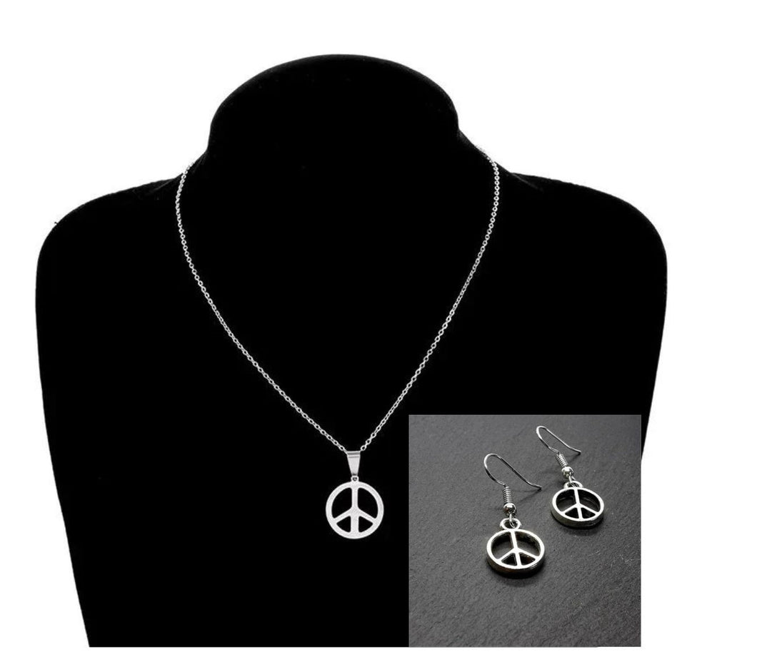 Ladies Tibetan Silver Peace Hook Dangling Earring & Pendant Necklace