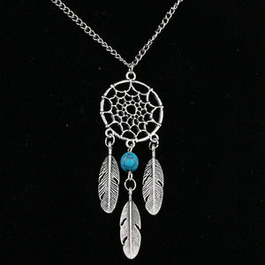 Ladies Silver Bohemia Dream Catcher Bead Feather Tassel Pendant Necklace