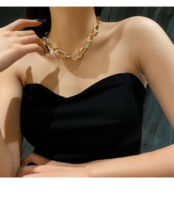 Ladies Gold Silver Thick Rectangular Link Chain Crystal Choker Necklace