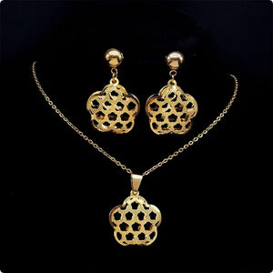 Ladies Gold Flower of Life Stainless Steel Hollow Earring Pendant Necklace Set