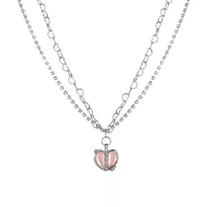 Ladies Silver Pink Heart Crystal Double Chain Rhinestone Necklace