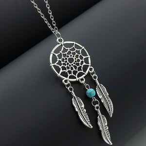 Ladies Silver Bohemia Dream Catcher Bead Feather Tassel Pendant Necklace