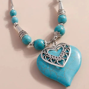 Ladies Silver Turquoise Beads Heart Pendant & Ring Set