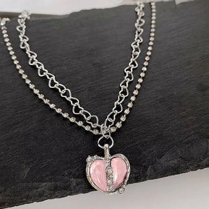 Ladies Silver Pink Heart Crystal Double Chain Rhinestone Necklace