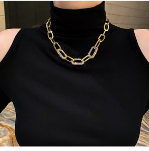 Ladies Gold Silver Thick Rectangular Link Chain Crystal Choker Necklace