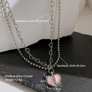 Ladies Silver Pink Heart Crystal Double Chain Rhinestone Necklace