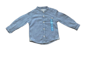 Boys Toddlers Blue Cotton Stand Collar Button Long Sleeve Shirts