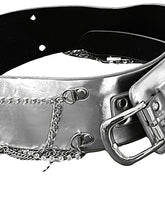 Load image into Gallery viewer, Ladies Silver Classic Wide Faux Leather Metallic Studded &amp; Drop Chain Crystal Belt
