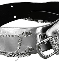 Ladies Silver Classic Wide Faux Leather Metallic Studded & Drop Chain Crystal Belt