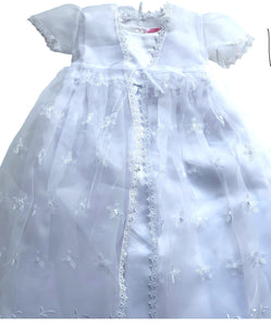 Baby Girls Toddlers Satin Mesh Embroidered Lace Baptism + Hood Christening Gown