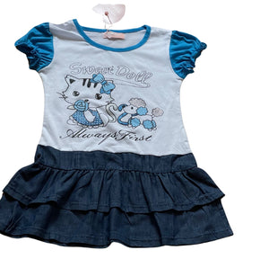 Girls Blue & White Sweet Doll Print Layered Frill Hem Cap Sleeve Plus Belt Dress