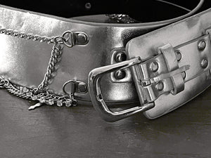 Ladies Silver Classic Wide Faux Leather Metallic Studded & Drop Chain Crystal Belt