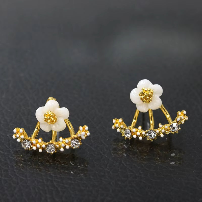 Ladies Double Sided Branch Flower Crystals Stud Earrings