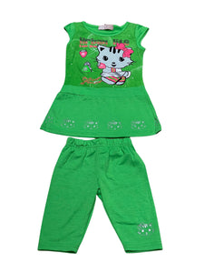 Girls Lime Green Kitty Cap Sleeve Top & Leggings Sets