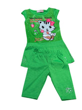 Load image into Gallery viewer, Girls Lime Green Kitty Cap Sleeve Top &amp; Leggings Sets
