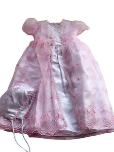 Baby Girls Toddlers Satin Mesh Embroidered Lace Baptism + Hood Christening Gown