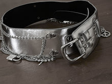 Load image into Gallery viewer, Ladies Silver Classic Wide Faux Leather Metallic Studded &amp; Drop Chain Crystal Belt
