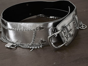 Ladies Silver Classic Wide Faux Leather Metallic Studded & Drop Chain Crystal Belt