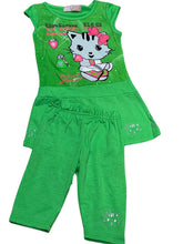 Load image into Gallery viewer, Girls Lime Green Kitty Cap Sleeve Top &amp; Leggings Sets
