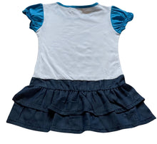 Load image into Gallery viewer, Girls Blue &amp; White Sweet Doll Print Layered Frill Hem Cap Sleeve Plus Belt Dress
