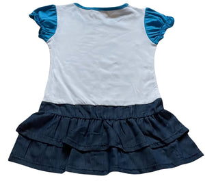 Girls Blue & White Sweet Doll Print Layered Frill Hem Cap Sleeve Plus Belt Dress