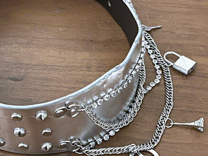 Ladies Silver Classic Wide Faux Leather Metallic Studded & Drop Chain Crystal Belt