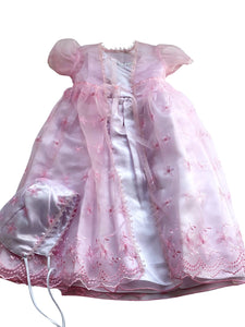 Baby Girls Toddlers Satin Mesh Embroidered Lace Baptism + Hood Christening Gown