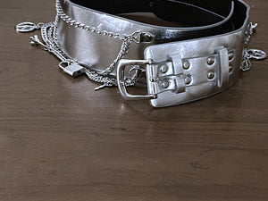 Ladies Silver Classic Wide Faux Leather Metallic Studded & Drop Chain Crystal Belt