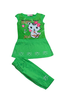 Girls Lime Green Kitty Cap Sleeve Top & Leggings Sets