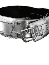 Load image into Gallery viewer, Ladies Silver Classic Wide Faux Leather Metallic Studded &amp; Drop Chain Crystal Belt
