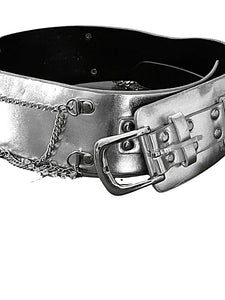 Ladies Silver Classic Wide Faux Leather Metallic Studded & Drop Chain Crystal Belt