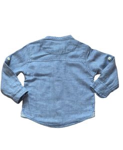Boys Toddlers Blue Cotton Stand Collar Button Long Sleeve Shirts