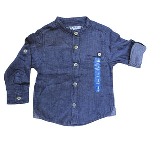 Boys Toddlers Navy Cotton Stand Collar Button Long Sleeve Shirts