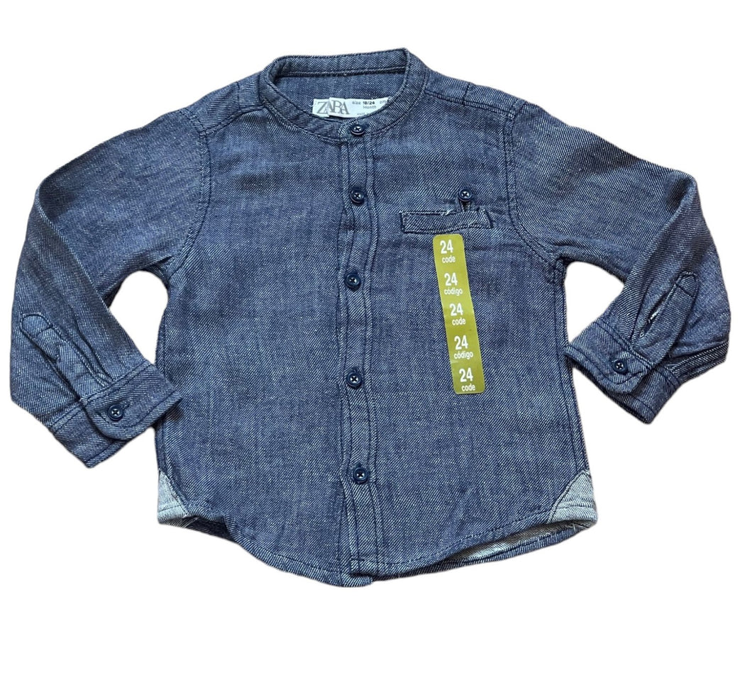 Boys Toddlers Navy Cotton Stand Collar Button Long Sleeve Shirts