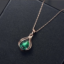 Load image into Gallery viewer, Ladies Gold Water Drop Green Rhinestone Earrings Pendant Chain Necklace Set
