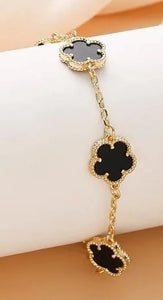 Ladies Gold Black Four Leaf Clover Link Chain Bracelets